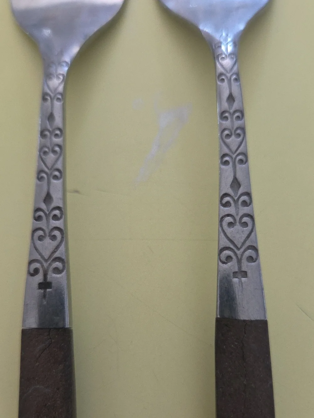 2 Vintage Interpur Rustic Brown Handle Stainless Steel Serving Forks